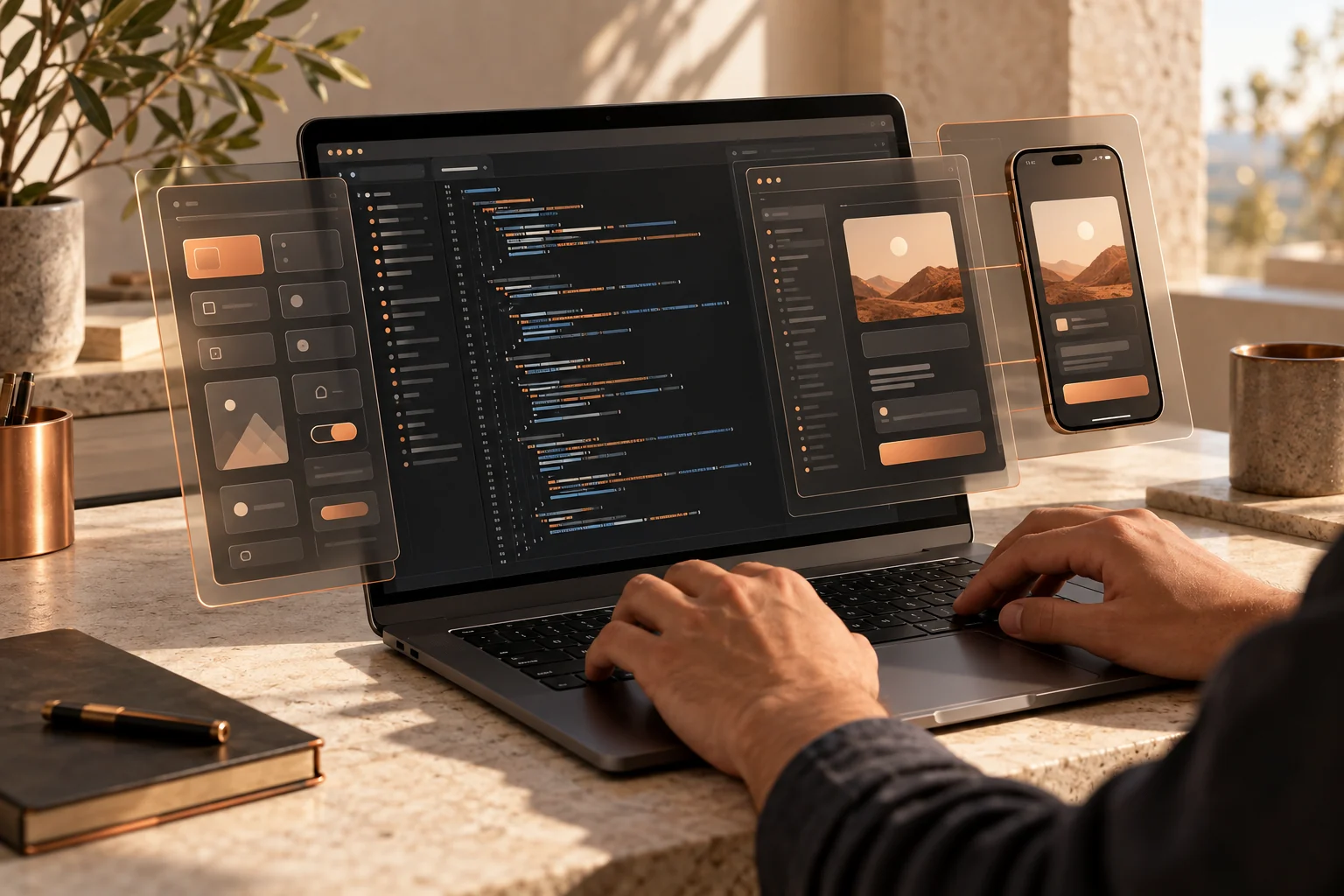 Concept illustration of a developer building software on a laptop.
