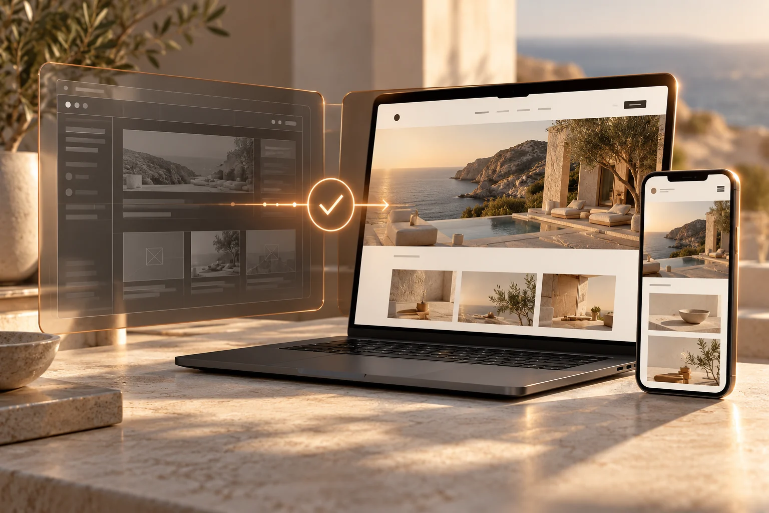 Concept illustration of a completed website being launched across devices.