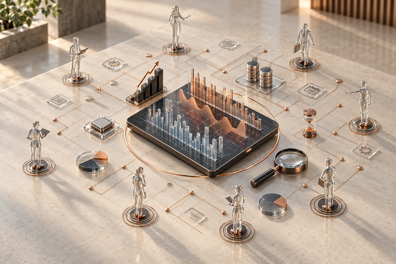 Concept illustration of a planning platform with charts, timelines and collaborators.