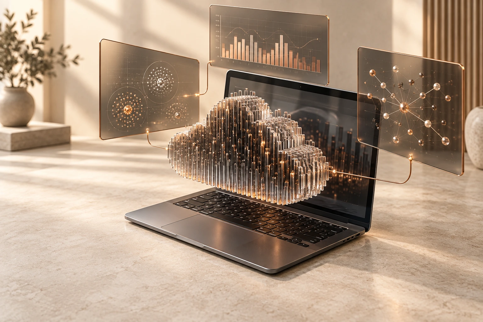 Concept illustration of research on a laptop with connected data panels.