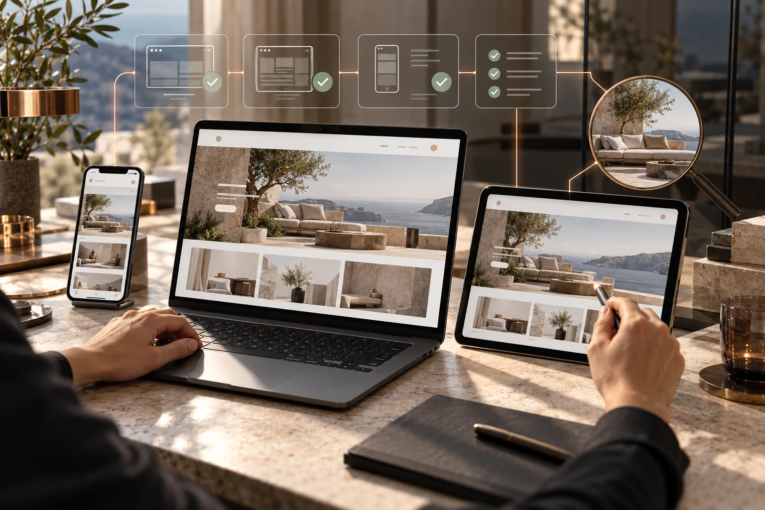 Concept illustration of a website being checked across desktop, tablet and mobile devices.