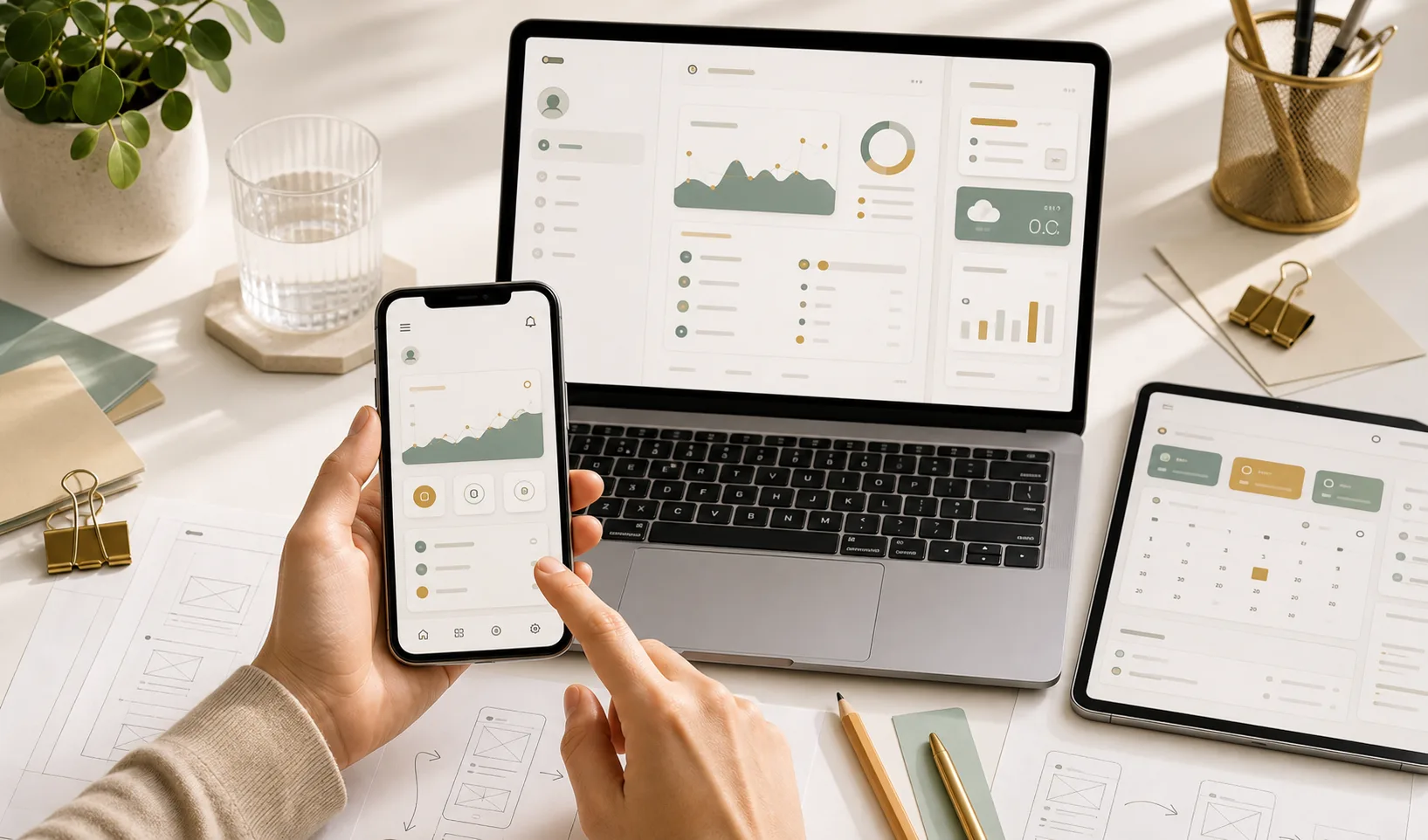 Illustrative app interfaces across several devices.