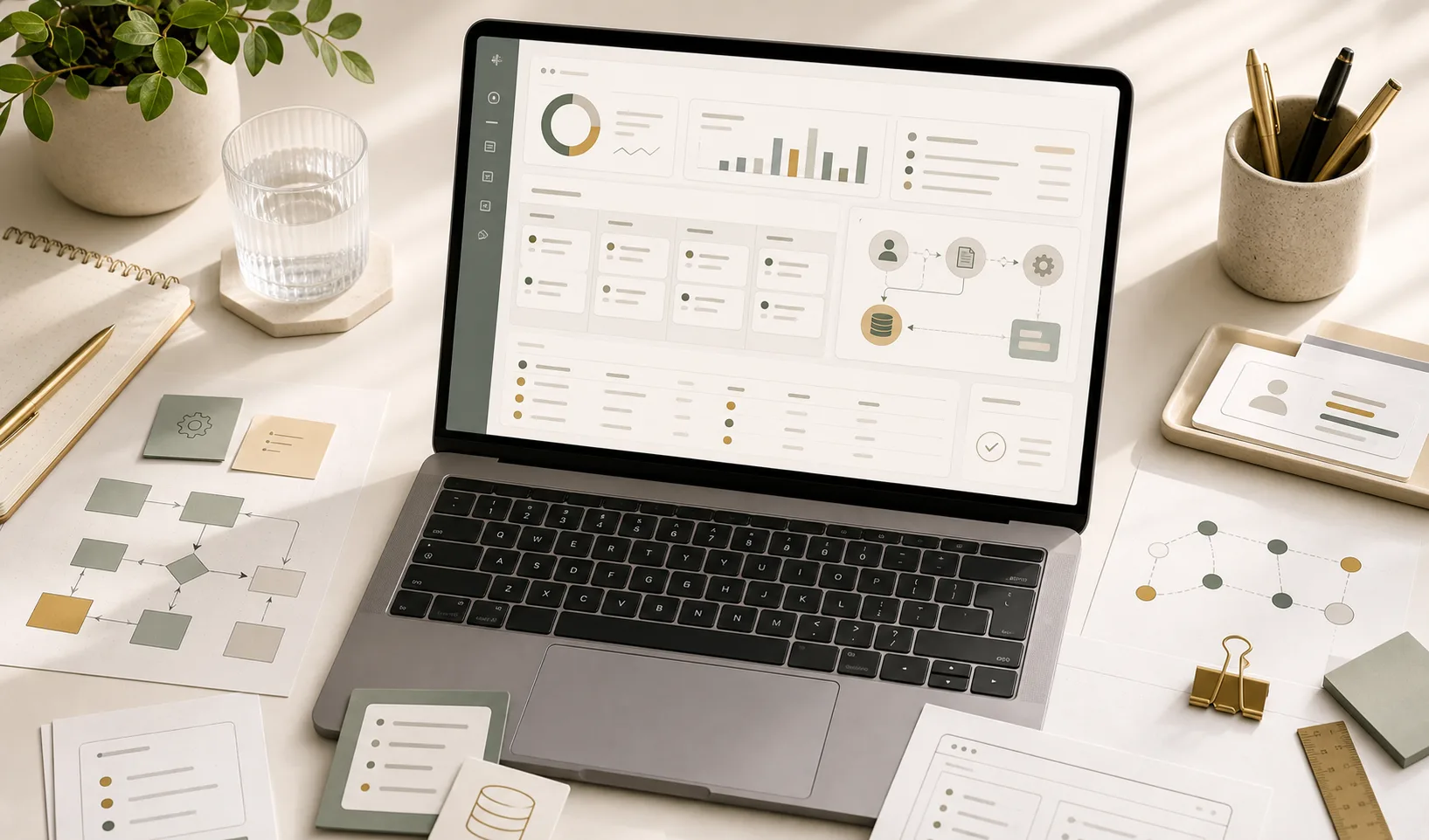 Illustrative custom software dashboard on a laptop.