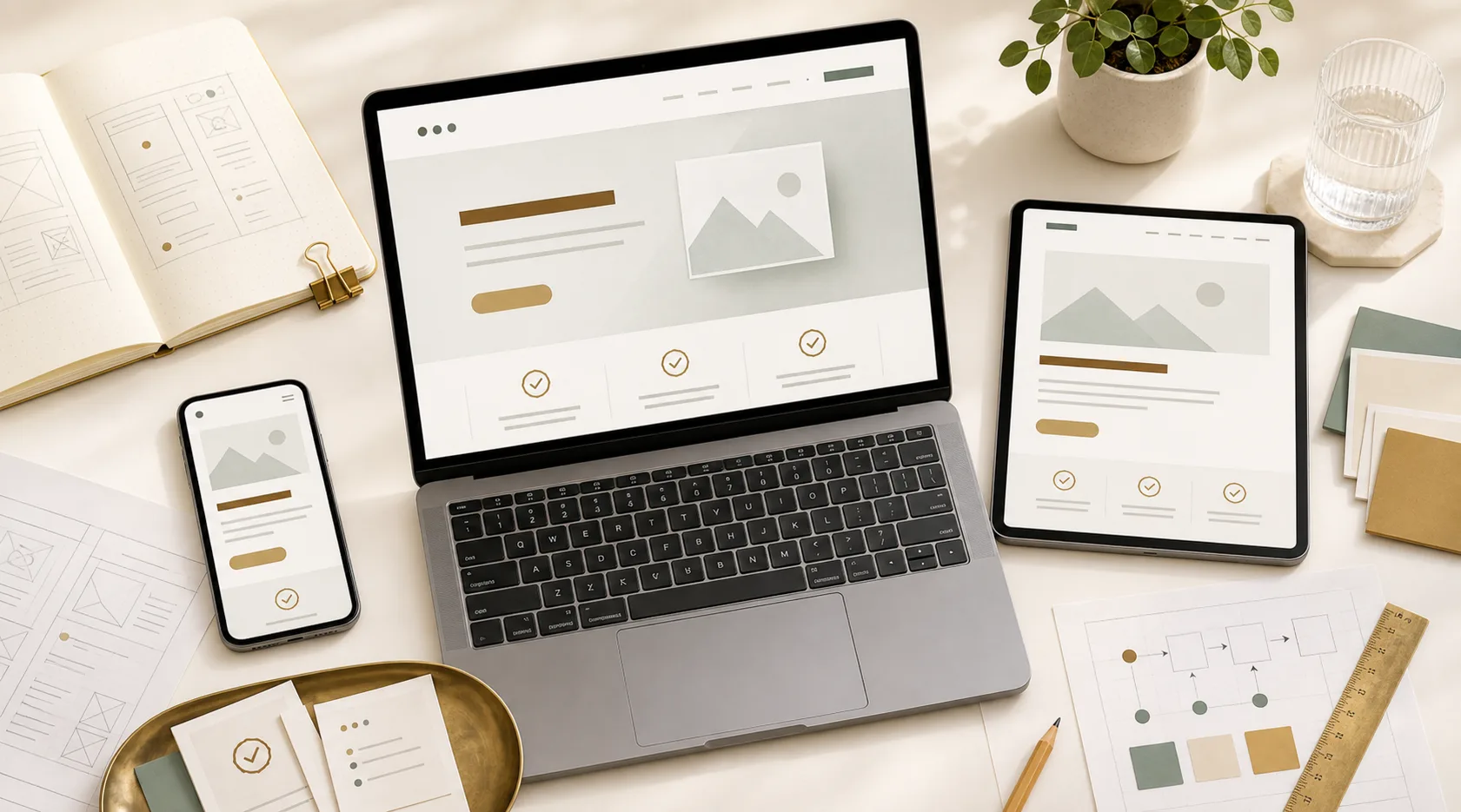 Illustrative website designs across desktop, tablet and phone.